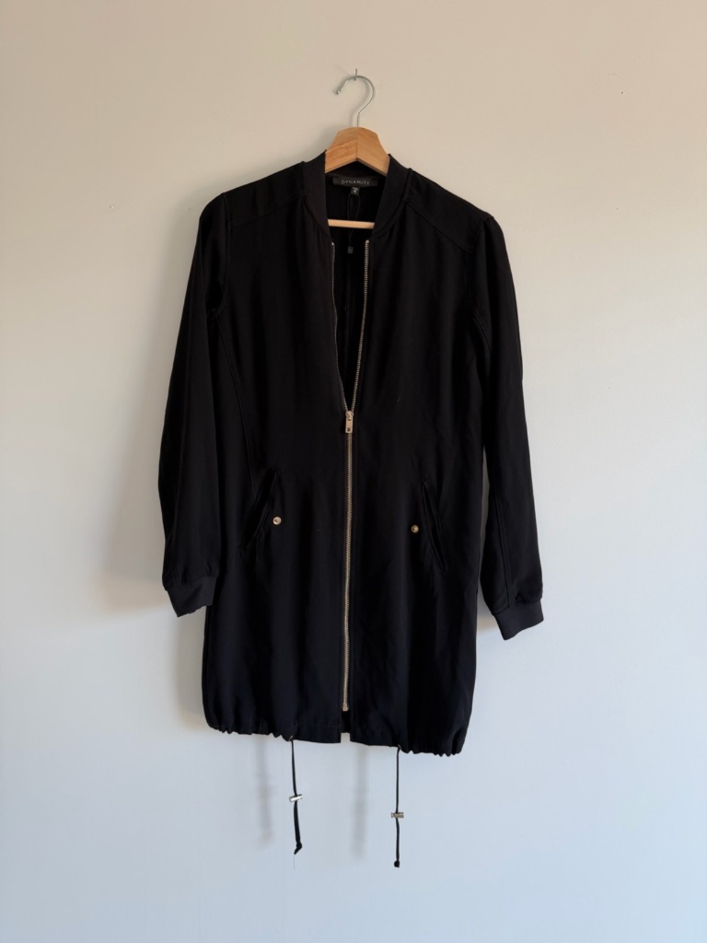 Dynamite Black Zip Front Long Bomber Jacket | Lightweight Drawstring Hem | XS